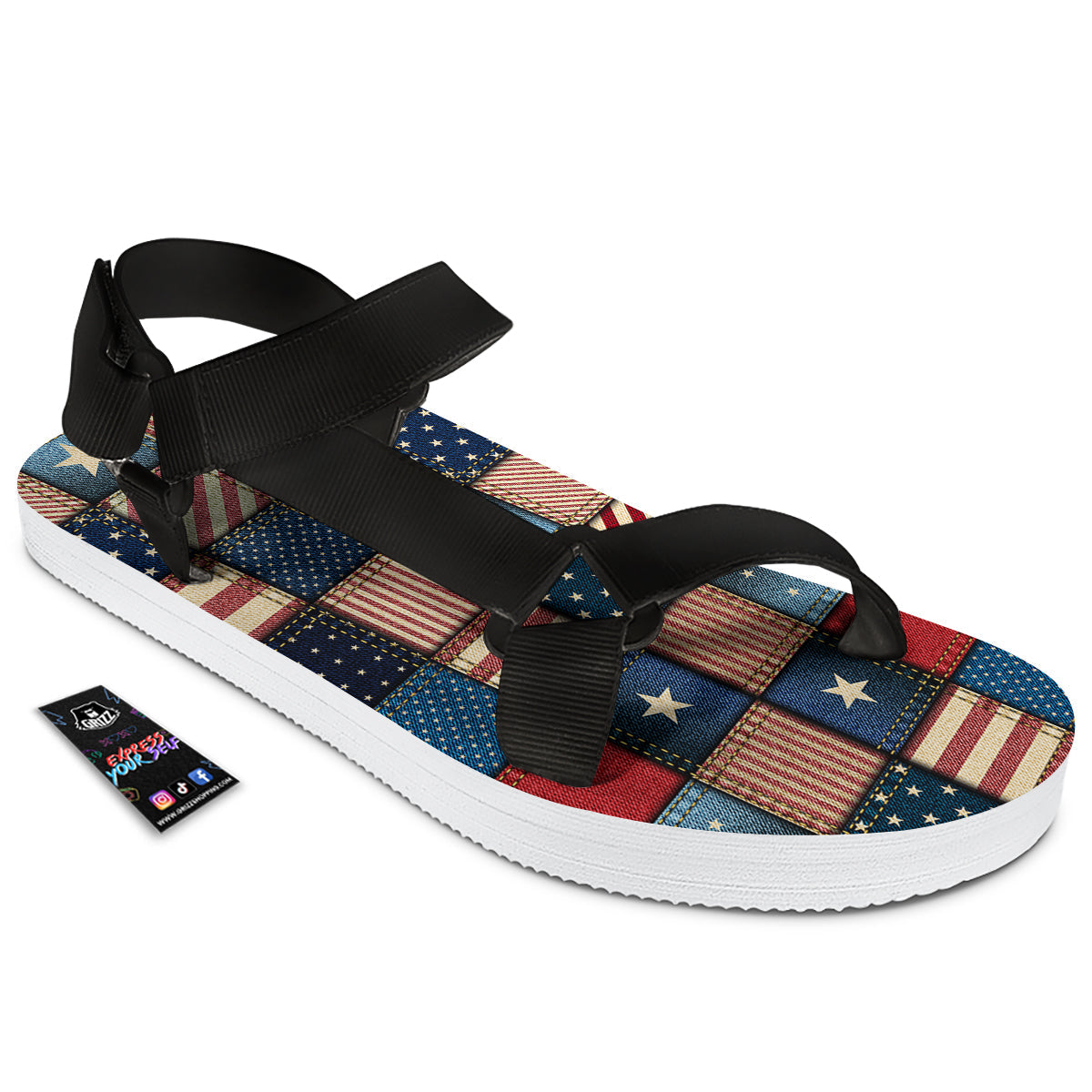 Patchwork Denim American Print Pattern Black Open Toe Sandals-grizzshop