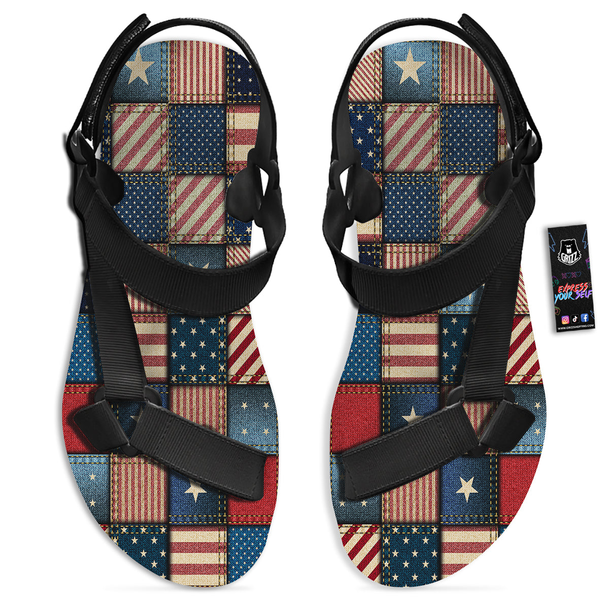 Patchwork Denim American Print Pattern Black Open Toe Sandals-grizzshop