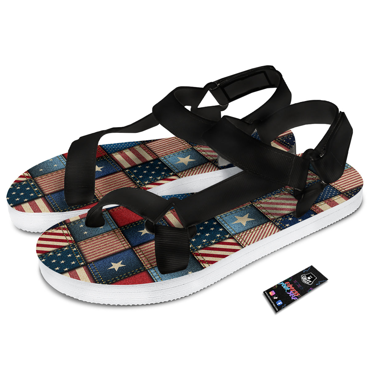 Patchwork Denim American Print Pattern Black Open Toe Sandals-grizzshop