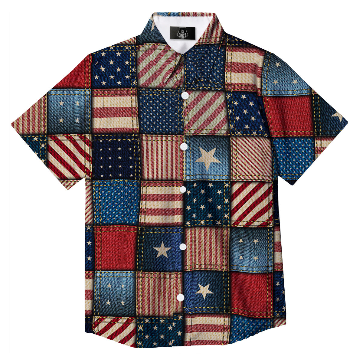 Patchwork Denim American Print Pattern Button Up Shirt-grizzshop
