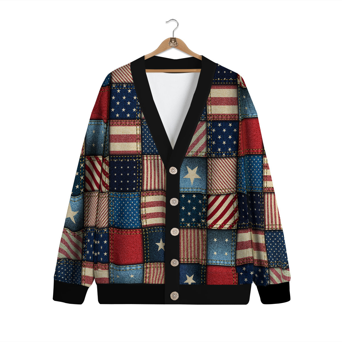 Patchwork Denim American Print Pattern Cardigan-grizzshop