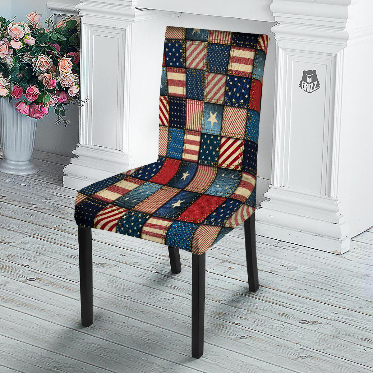 Patchwork Denim American Print Pattern Dining Chair Slipcover-grizzshop