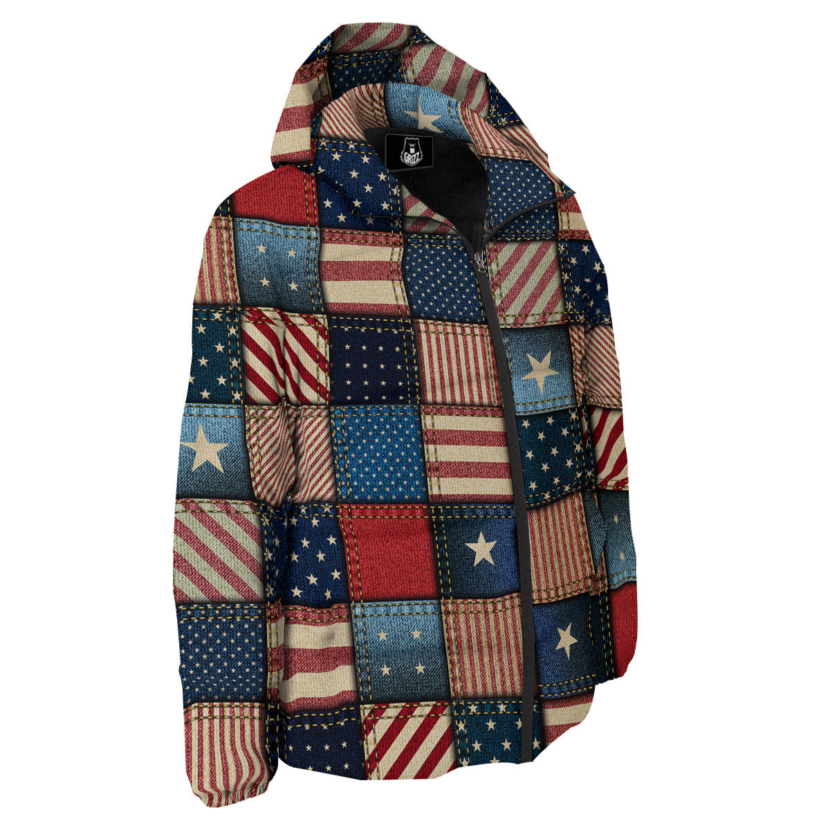Patchwork Denim American Print Pattern Down Jacket-grizzshop