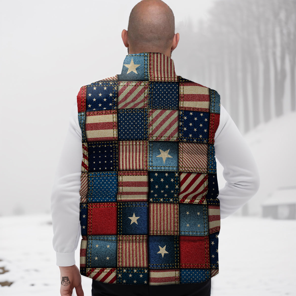 Patchwork Denim American Print Pattern Down Vest