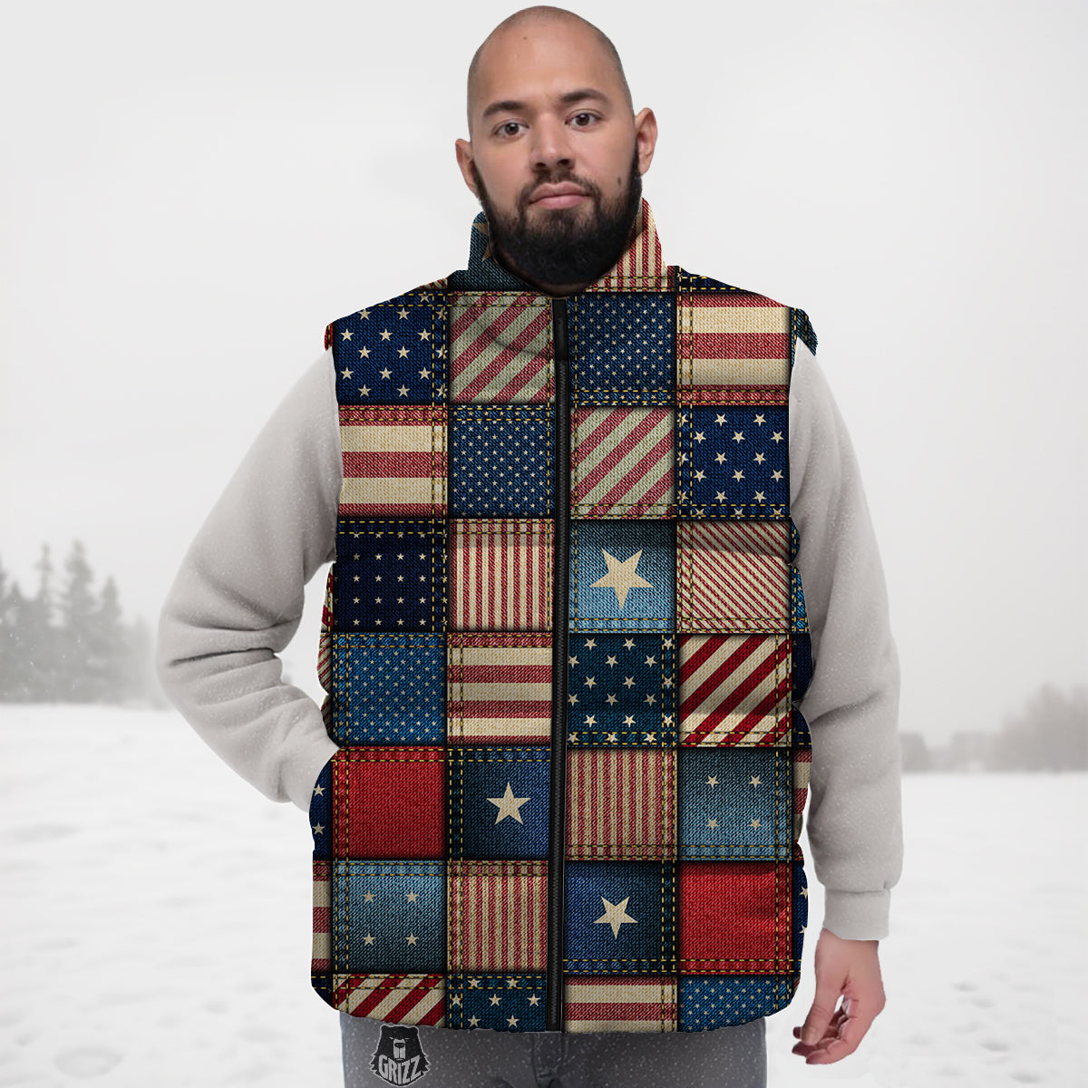 Patchwork Denim American Print Pattern Down Vest