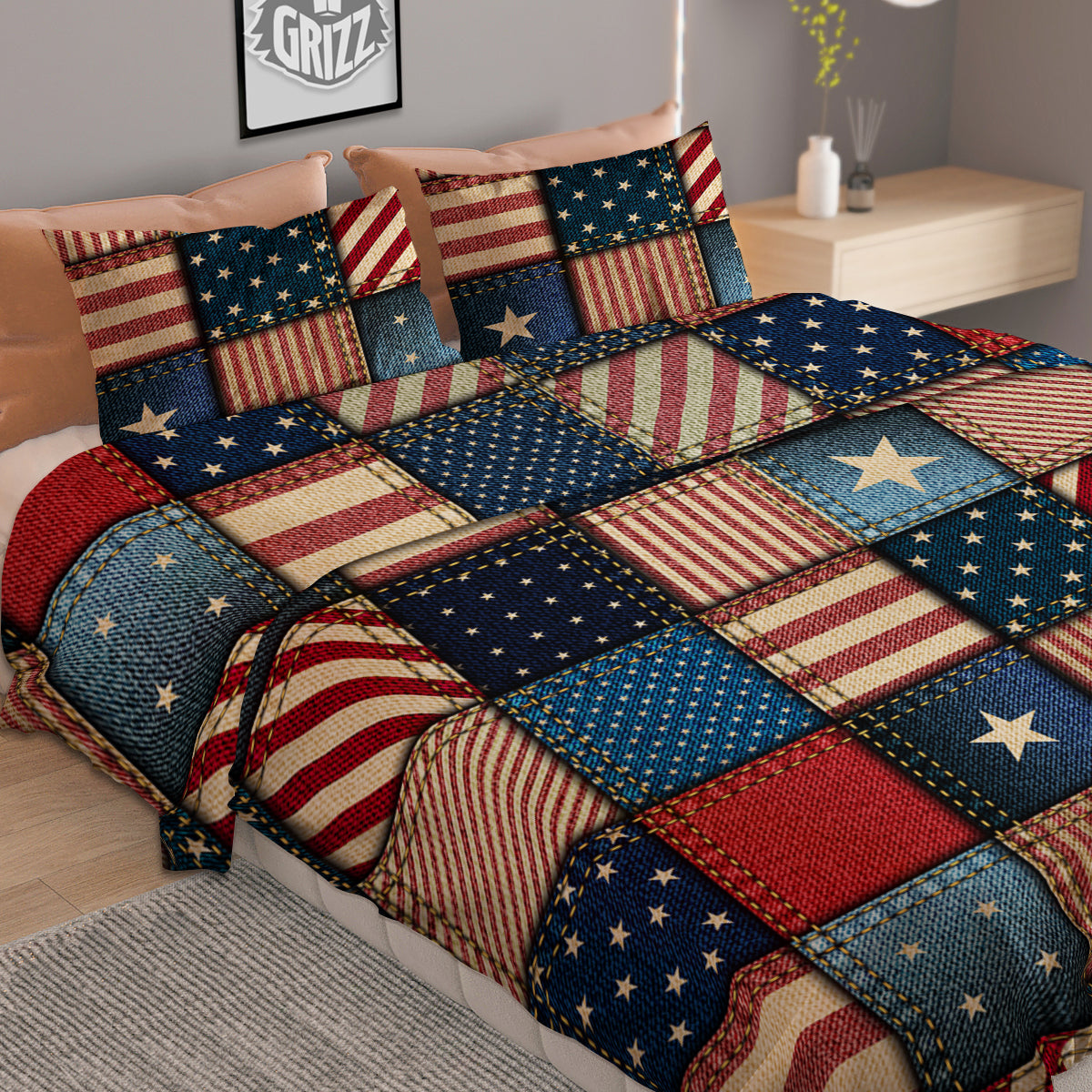 Patchwork Denim American Print Pattern Duvet Cover Bedding Set