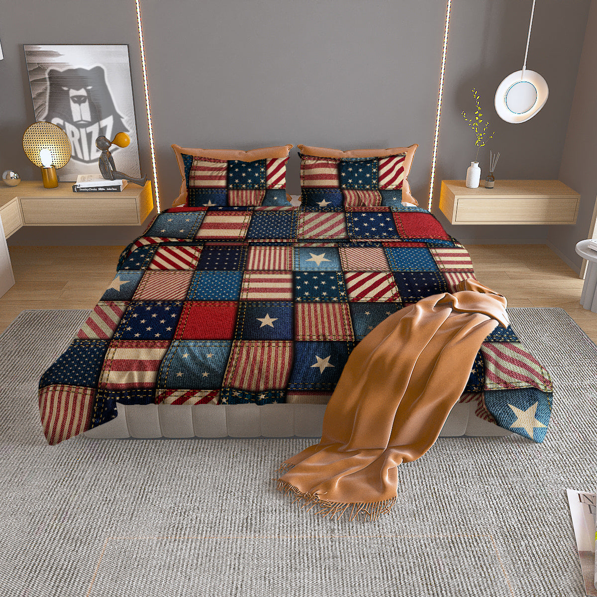 Patchwork Denim American Print Pattern Duvet Cover Bedding Set