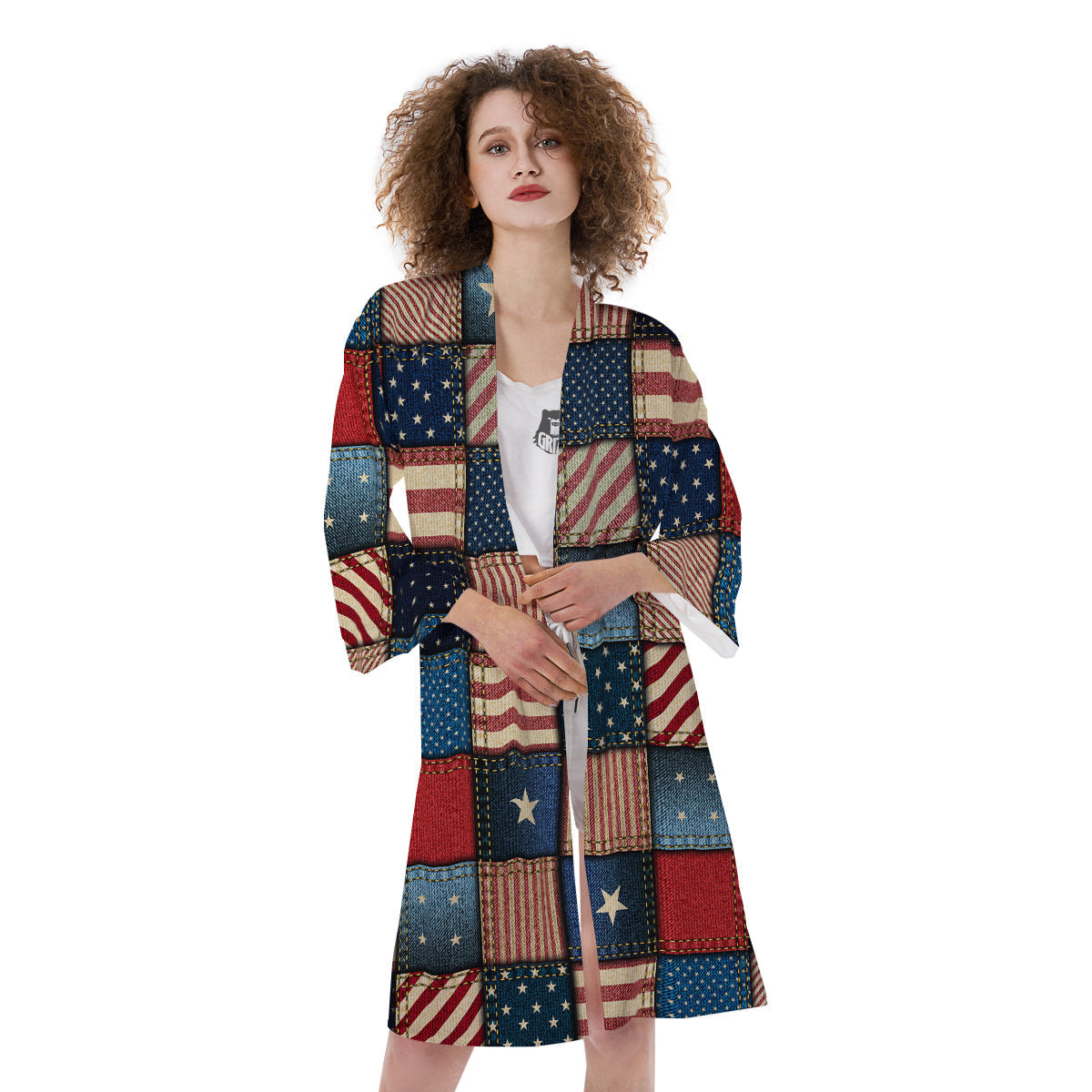 Patchwork Denim American Print Pattern Kimono-grizzshop