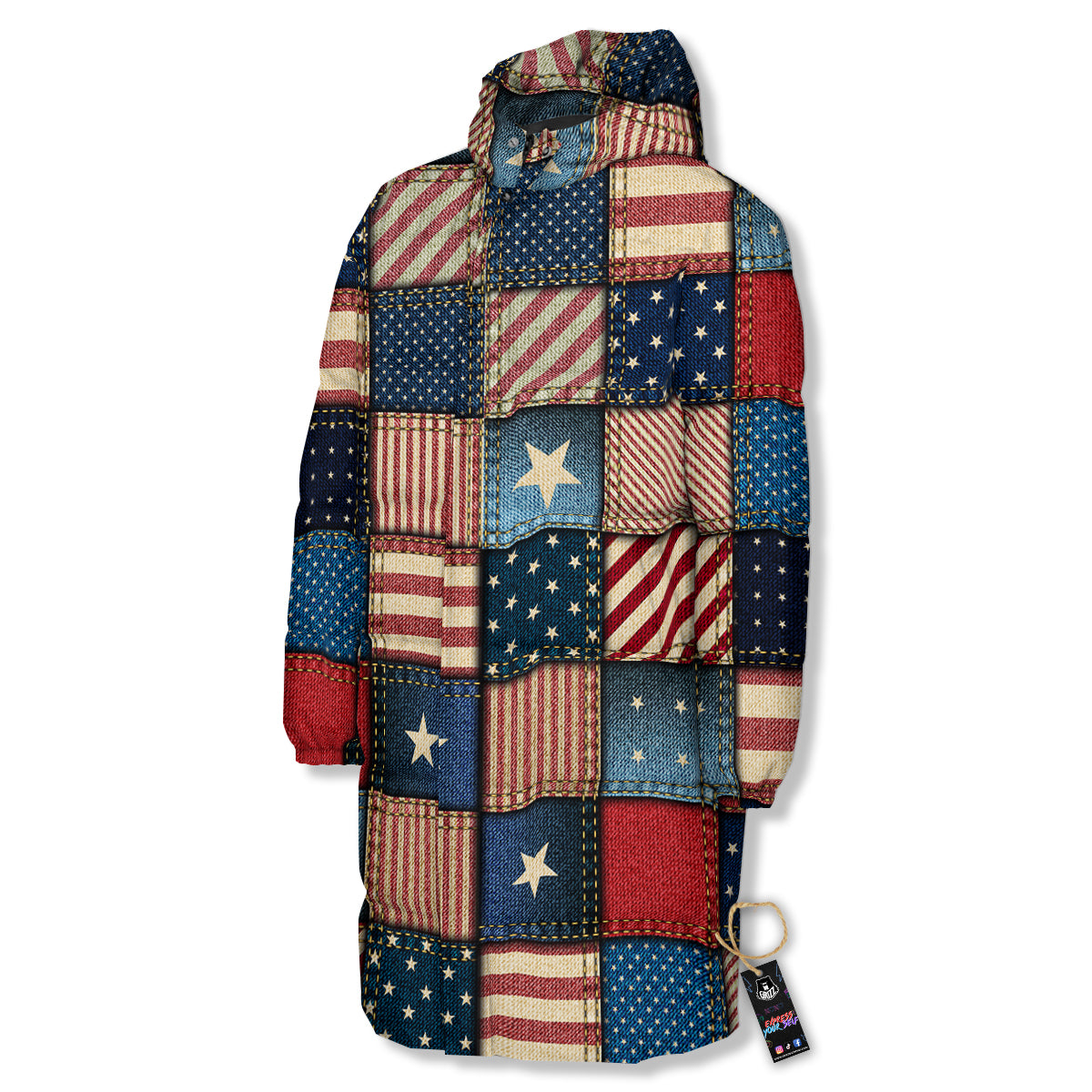 Patchwork Denim American Print Pattern Long Down Jacket-grizzshop