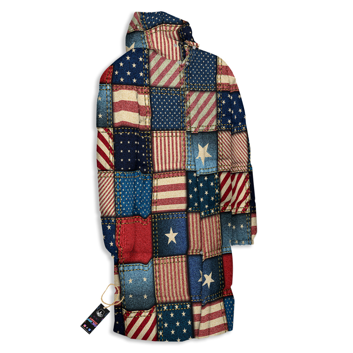 Patchwork Denim American Print Pattern Long Down Jacket-grizzshop