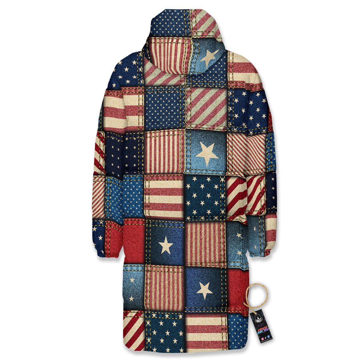 Patchwork Denim American Print Pattern Long Down Jacket-grizzshop