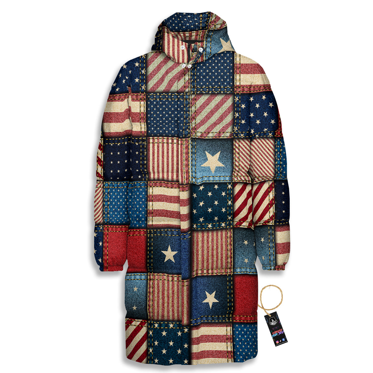 Patchwork Denim American Print Pattern Long Down Jacket-grizzshop