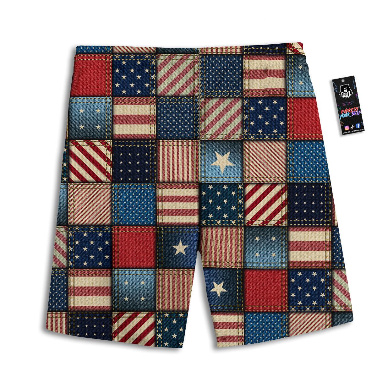 Patchwork Denim American Print Pattern Men's Athletic Shorts