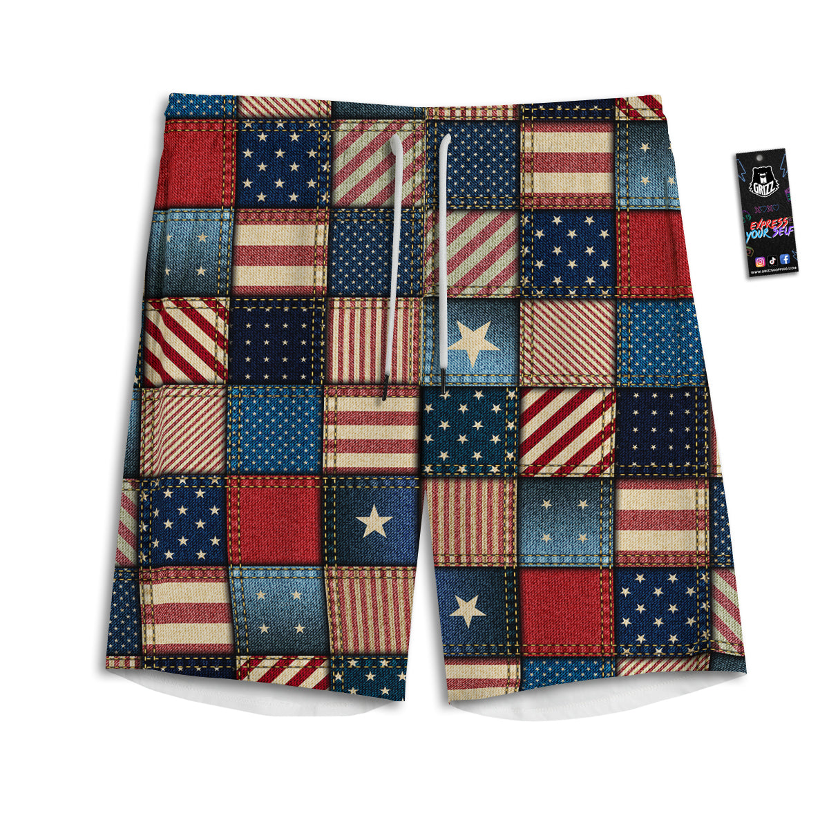 Patchwork Denim American Print Pattern Men's Athletic Shorts