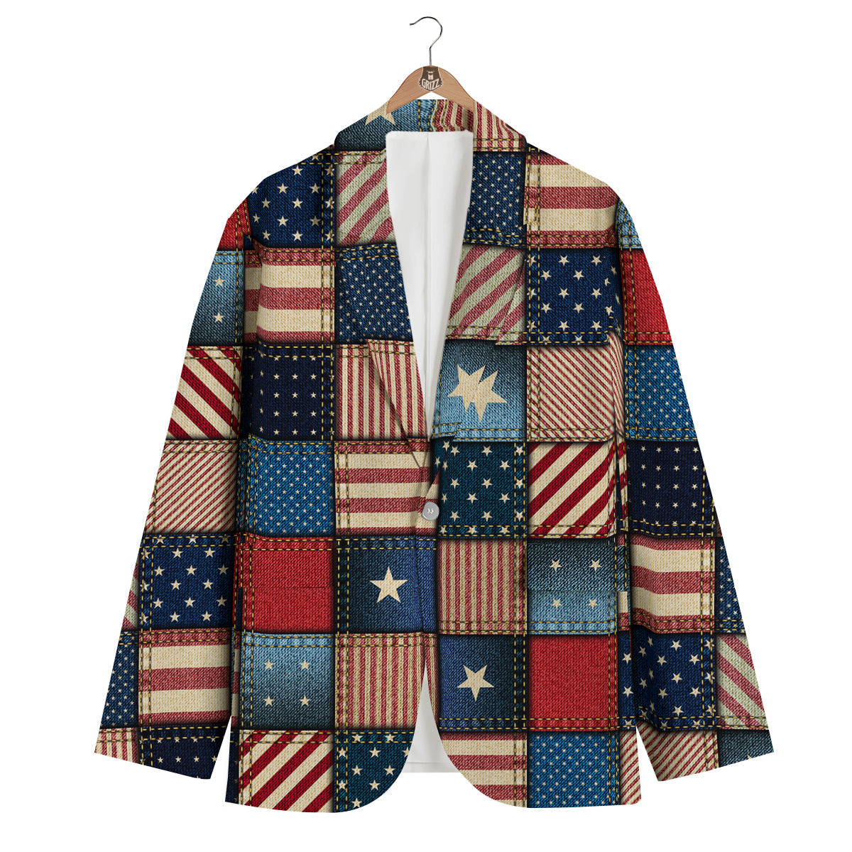 Patchwork Denim American Print Pattern Men's Blazer-grizzshop
