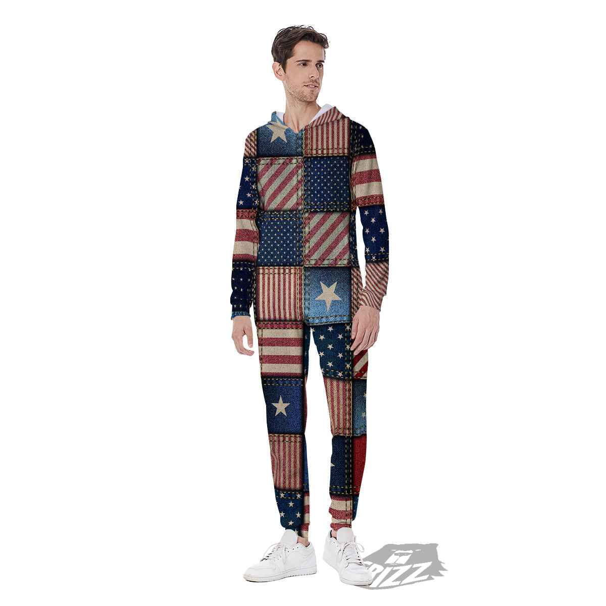Patchwork Denim American Print Pattern Men's Jumpsuit-grizzshop