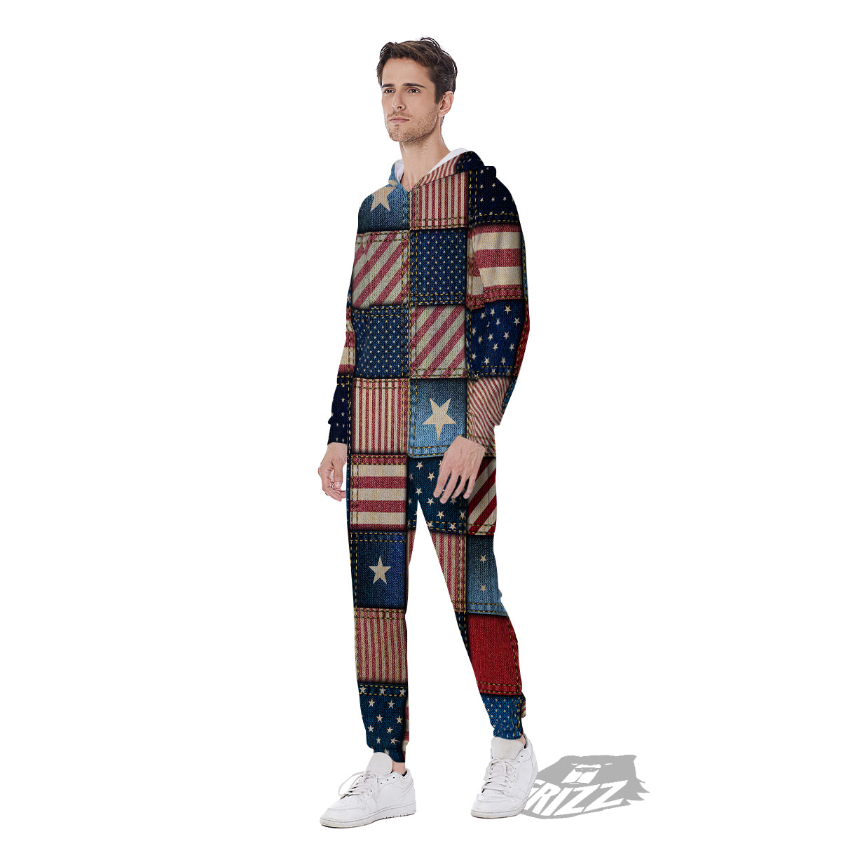 Patchwork Denim American Print Pattern Men's Jumpsuit-grizzshop