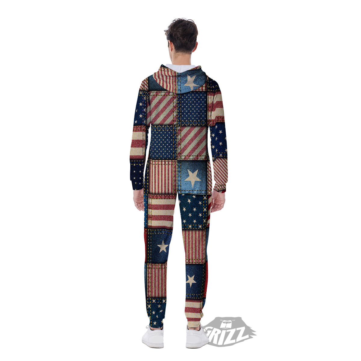 Patchwork Denim American Print Pattern Men's Jumpsuit-grizzshop