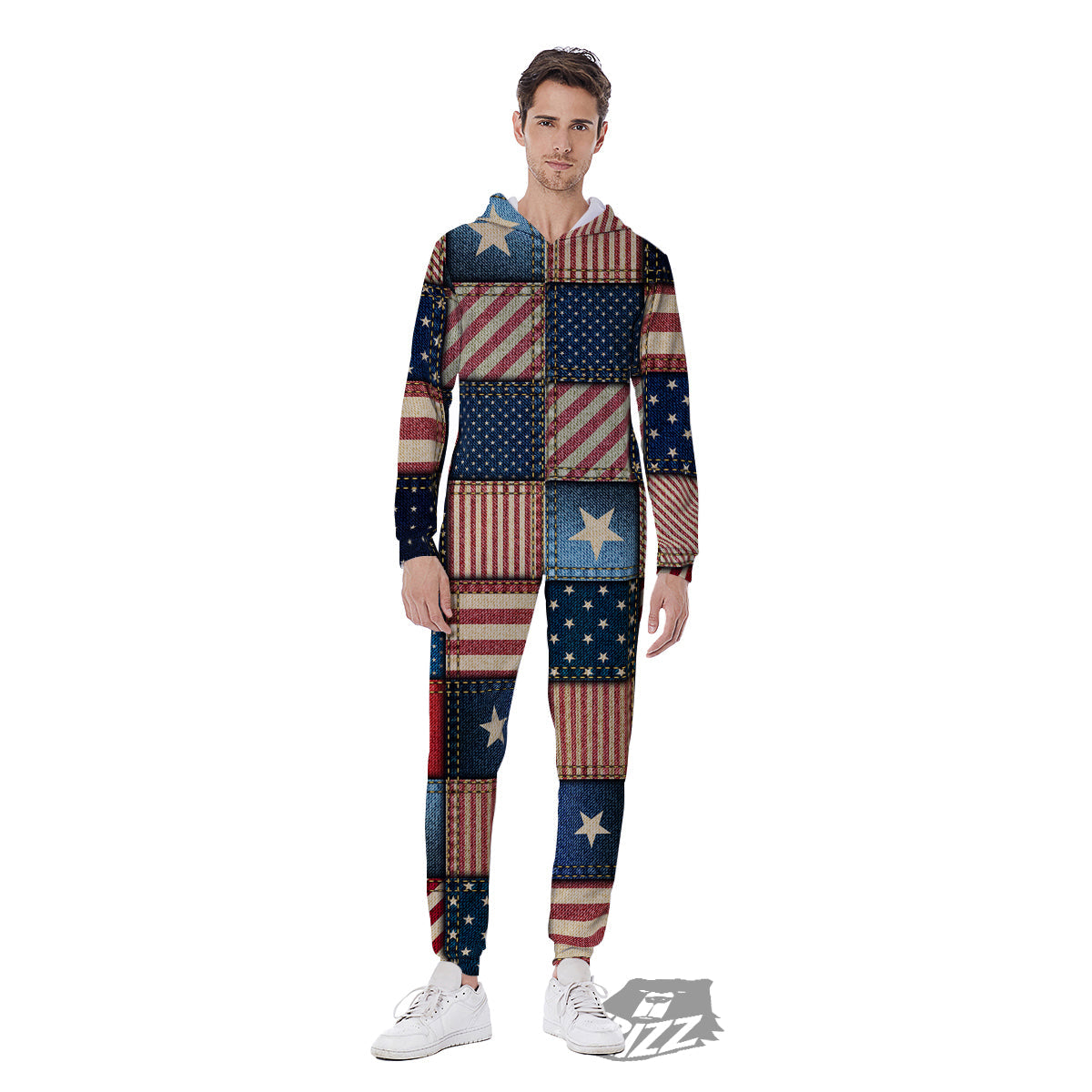 Patchwork Denim American Print Pattern Men's Jumpsuit-grizzshop