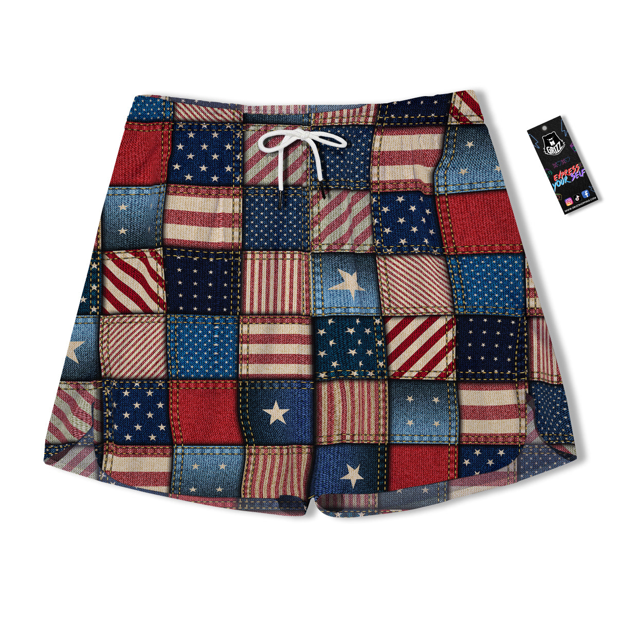 Patchwork Denim American Print Pattern Men's Running Shorts-grizzshop