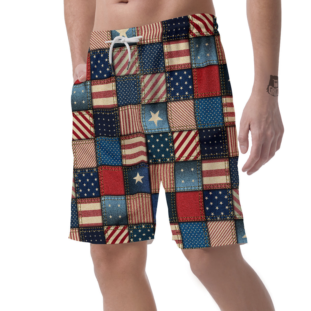 Patchwork Denim American Print Pattern Men's Shorts-grizzshop