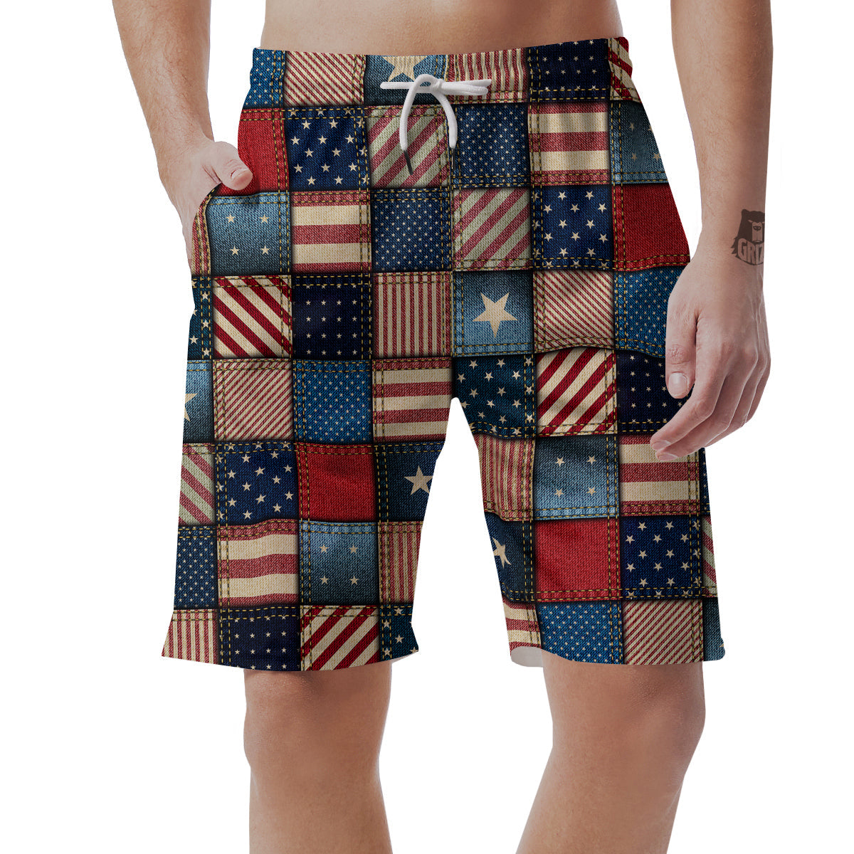 Patchwork Denim American Print Pattern Men's Shorts-grizzshop