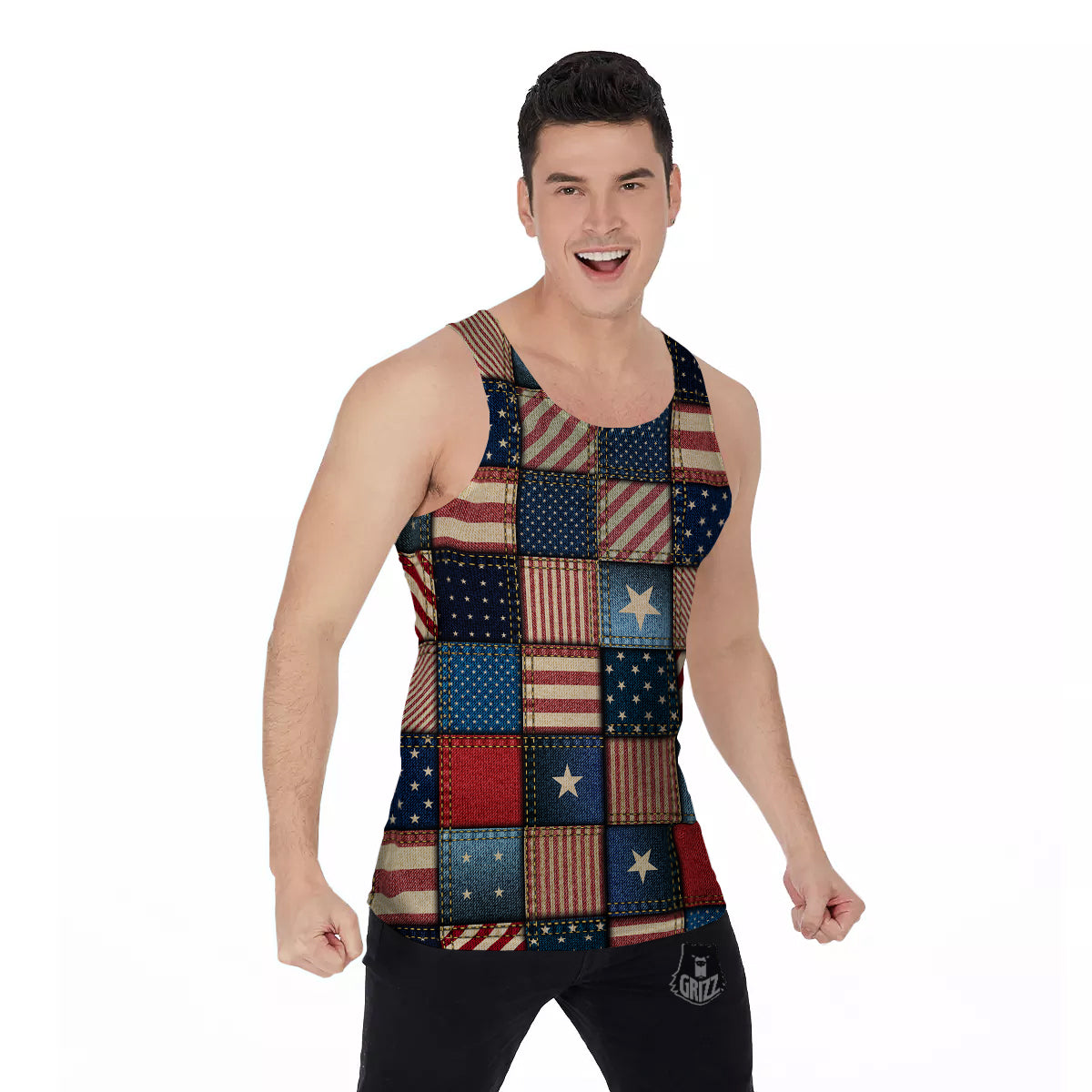 Patchwork Denim American Print Pattern Men's Tank Top-grizzshop
