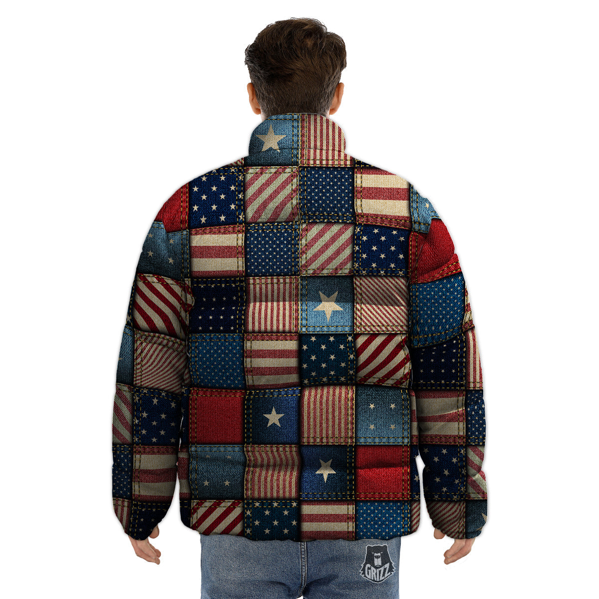 Patchwork Denim American Print Pattern Puffer Jacket-grizzshop