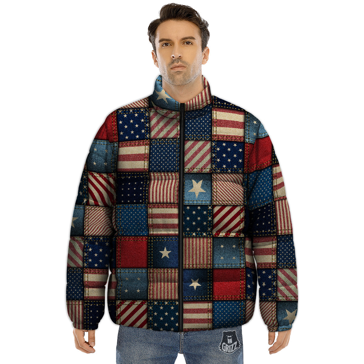 Patchwork Denim American Print Pattern Puffer Jacket-grizzshop