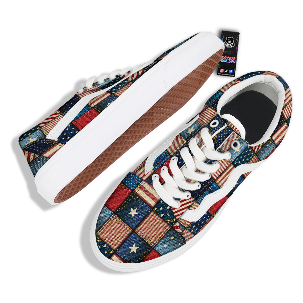 Patchwork Denim American Print Pattern Skate Shoes-grizzshop