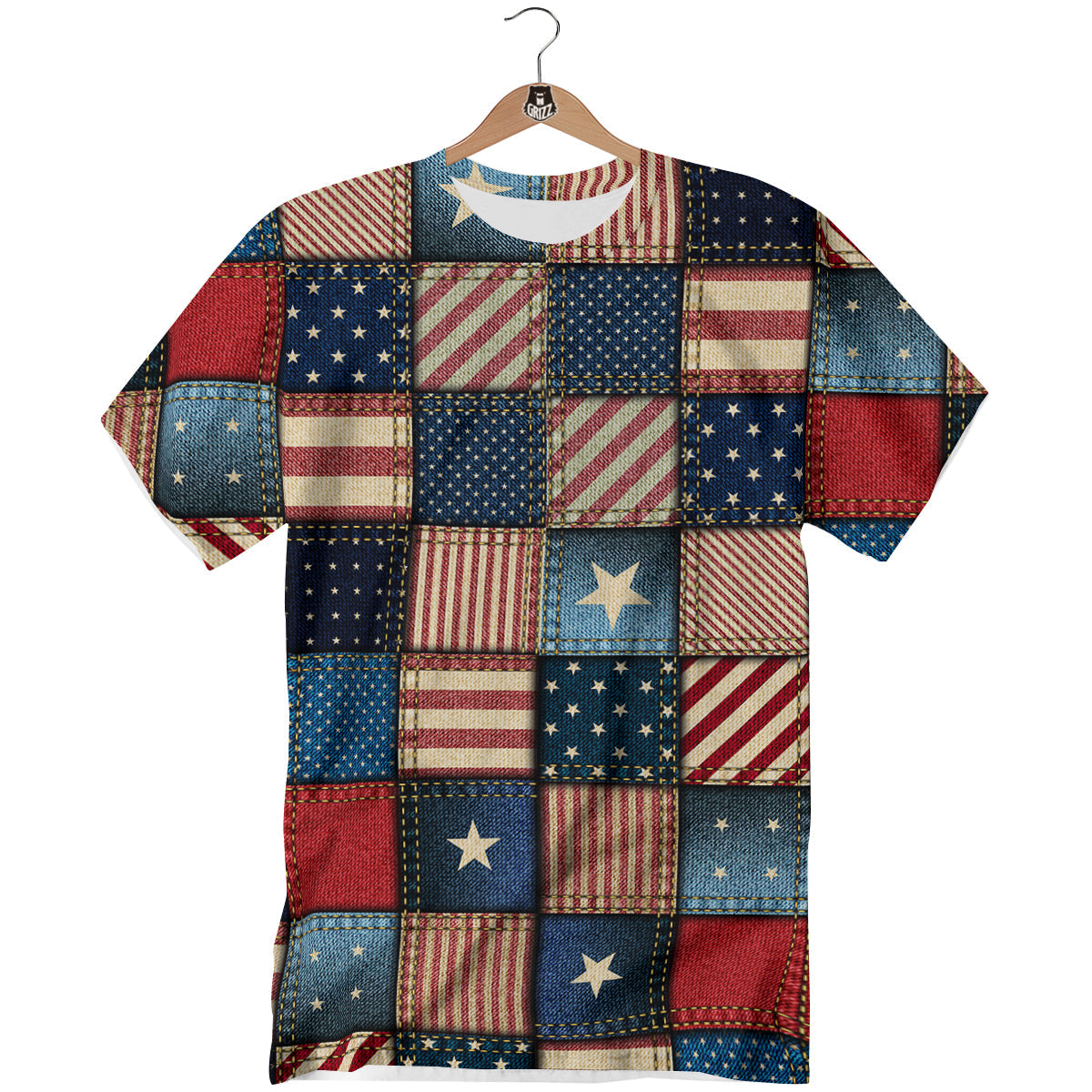 Patchwork Denim American Print Pattern T-Shirt-grizzshop