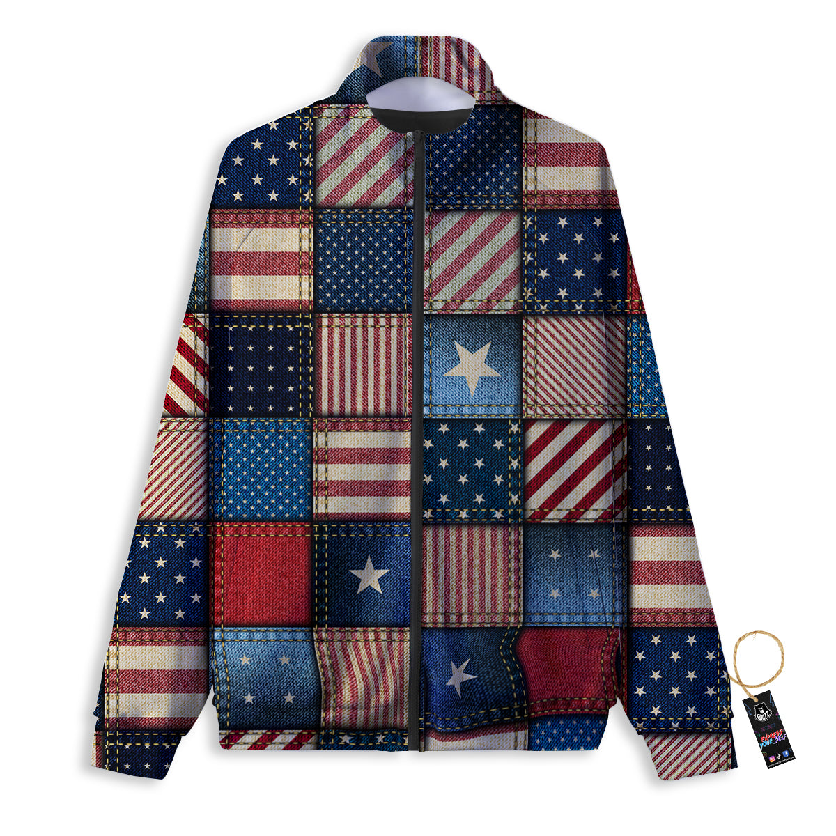 Patchwork Denim American Print Pattern Track Jacket-grizzshop