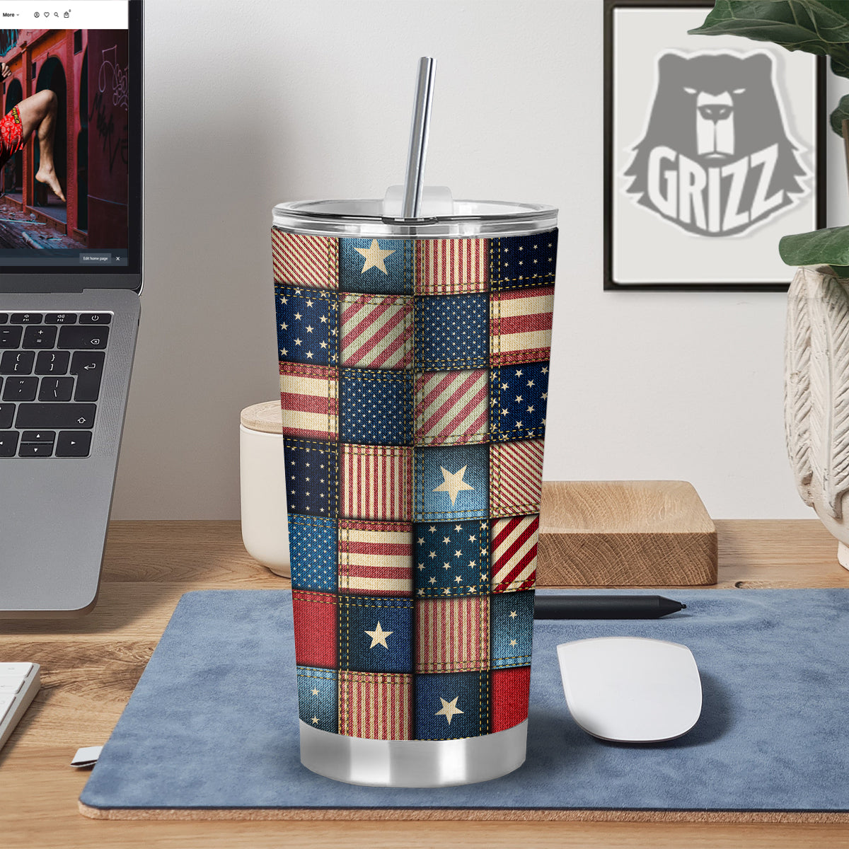Patchwork Denim American Print Pattern Tumbler-grizzshop