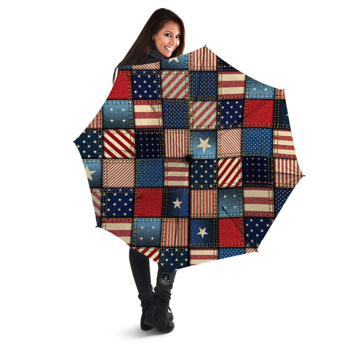 Patchwork Denim American Print Pattern Umbrella-grizzshop