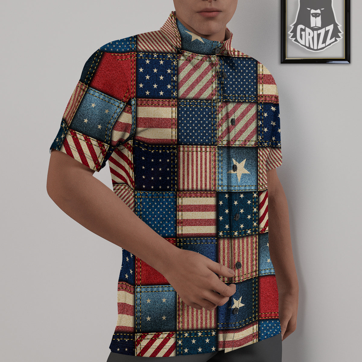 Patchwork Denim American Print Pattern Untucked Shirts-grizzshop