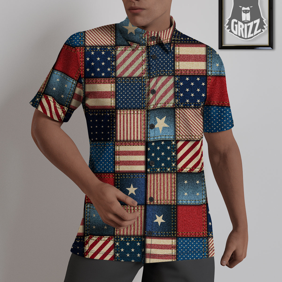 Patchwork Denim American Print Pattern Untucked Shirts-grizzshop