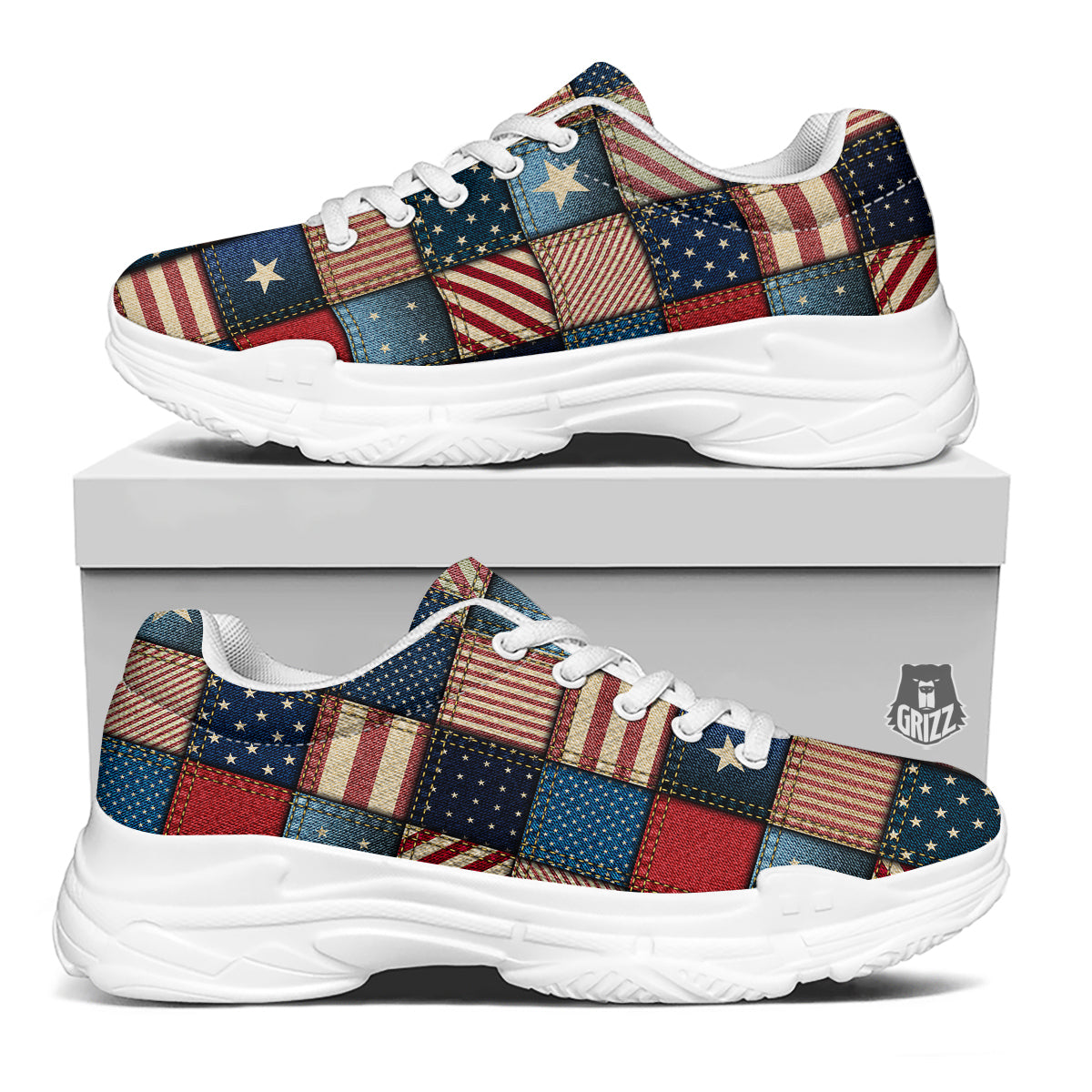 Patchwork Denim American Print Pattern White Chunky Shoes-grizzshop
