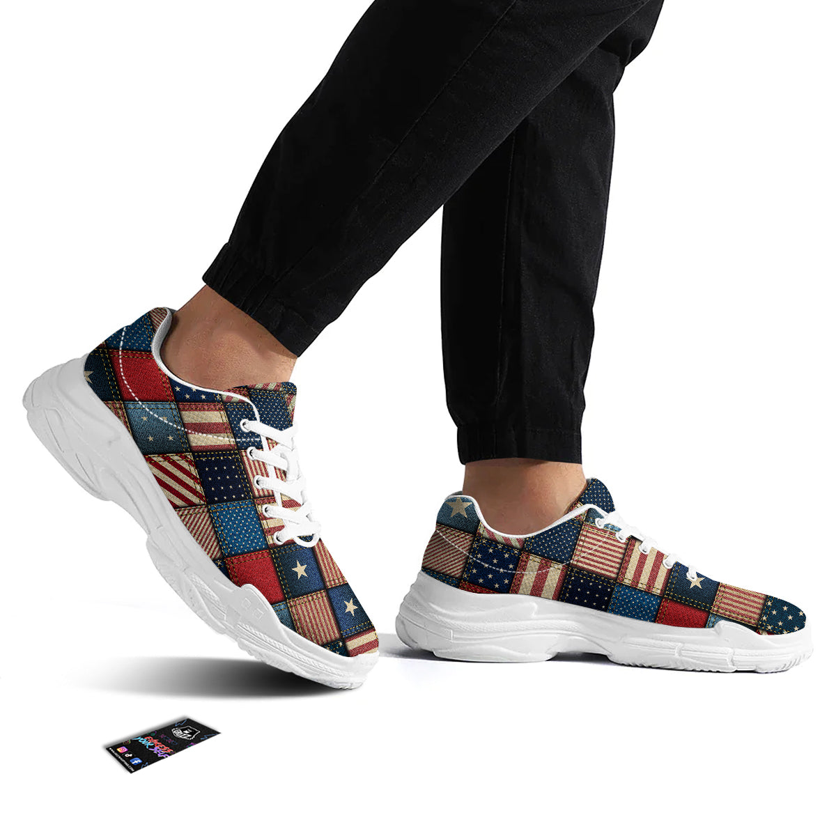 Patchwork Denim American Print Pattern White Chunky Shoes-grizzshop