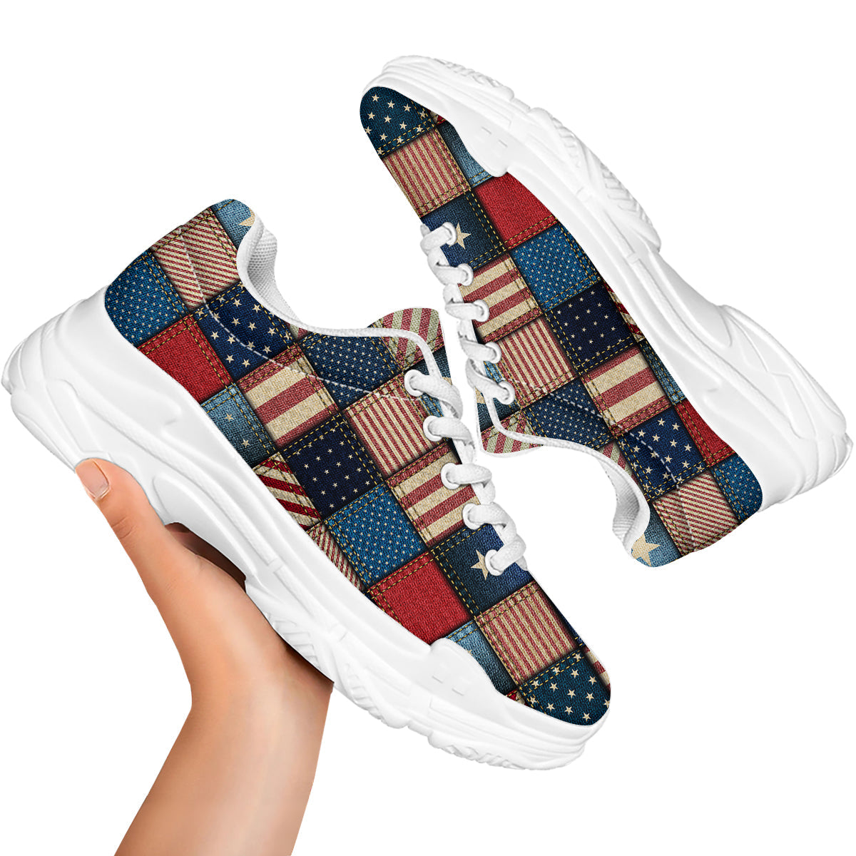 Patchwork Denim American Print Pattern White Chunky Shoes-grizzshop