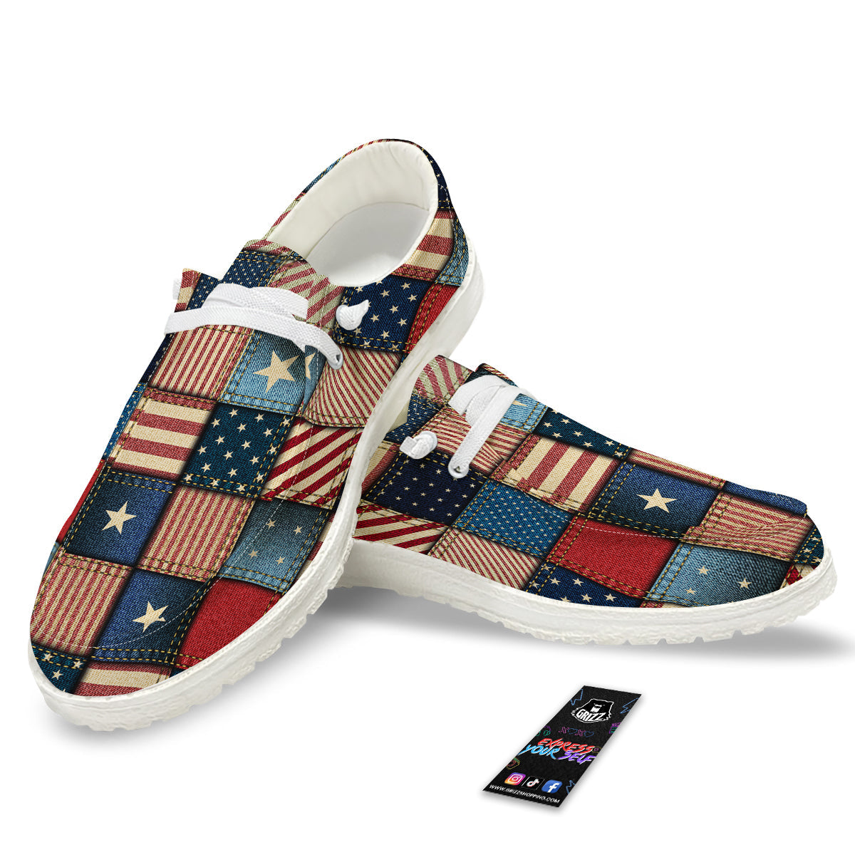 Patchwork Denim American Print Pattern White Loafers-grizzshop