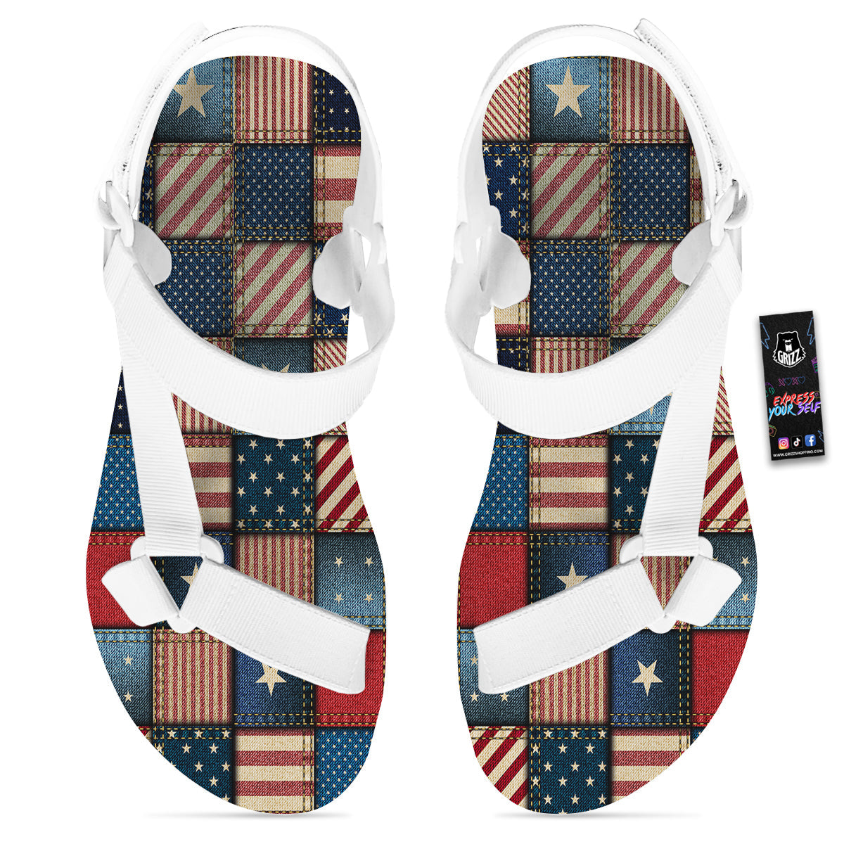 Patchwork Denim American Print Pattern White Open Toe Sandals-grizzshop