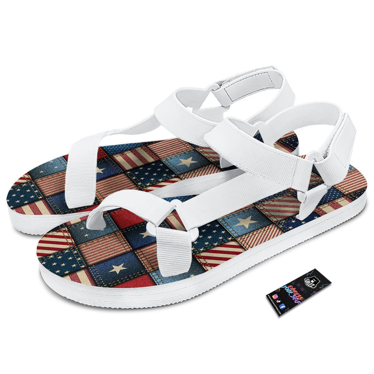 Patchwork Denim American Print Pattern White Open Toe Sandals-grizzshop