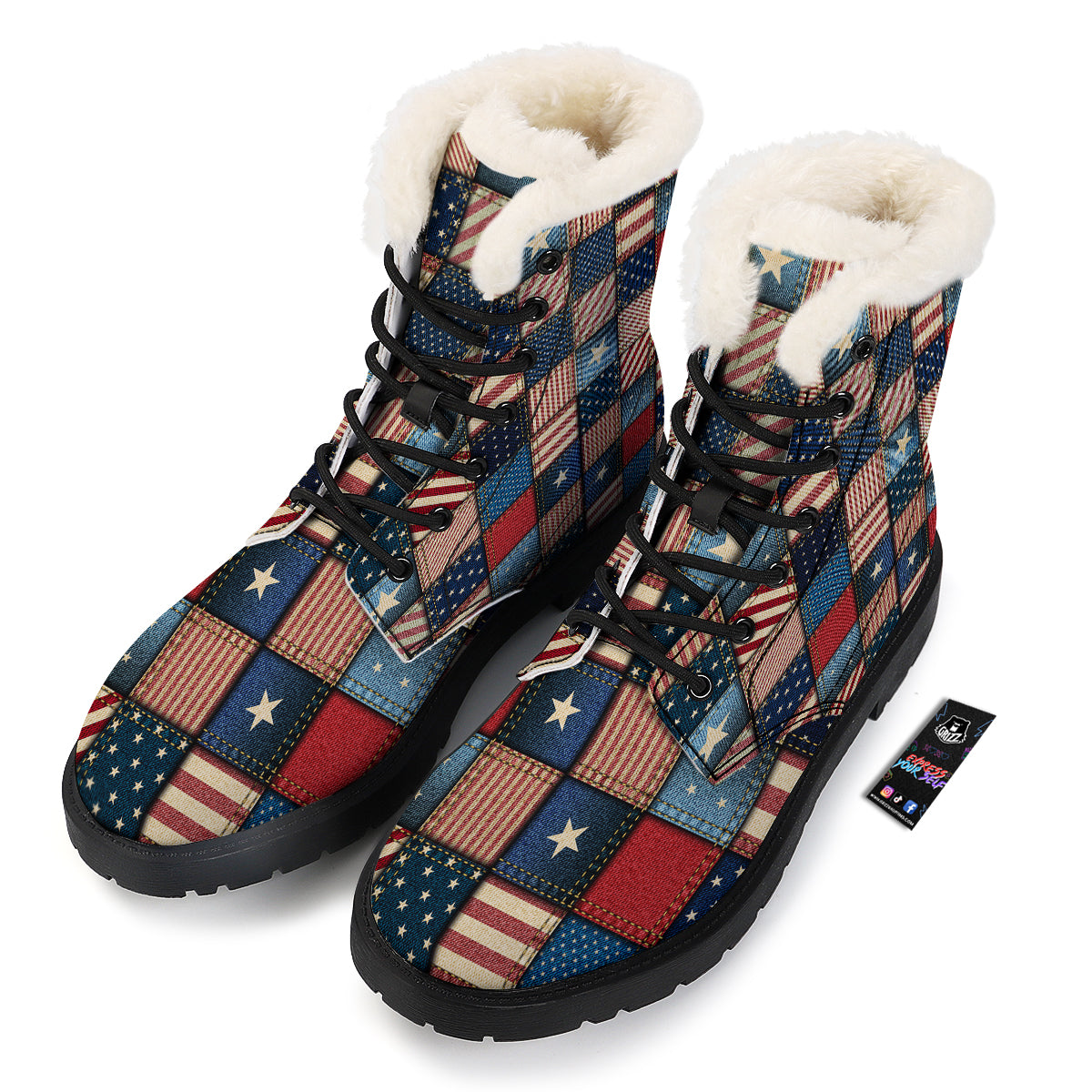 Patchwork Denim American Print Pattern Winter Boots-grizzshop