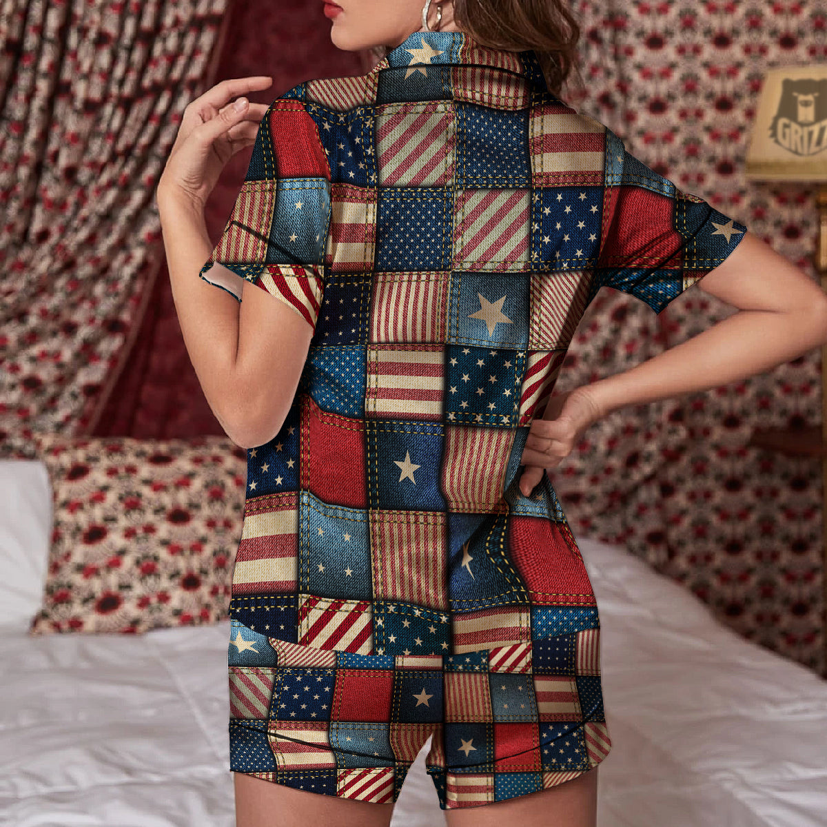 Patchwork Denim American Print Pattern Women Silk Pajamas-grizzshop