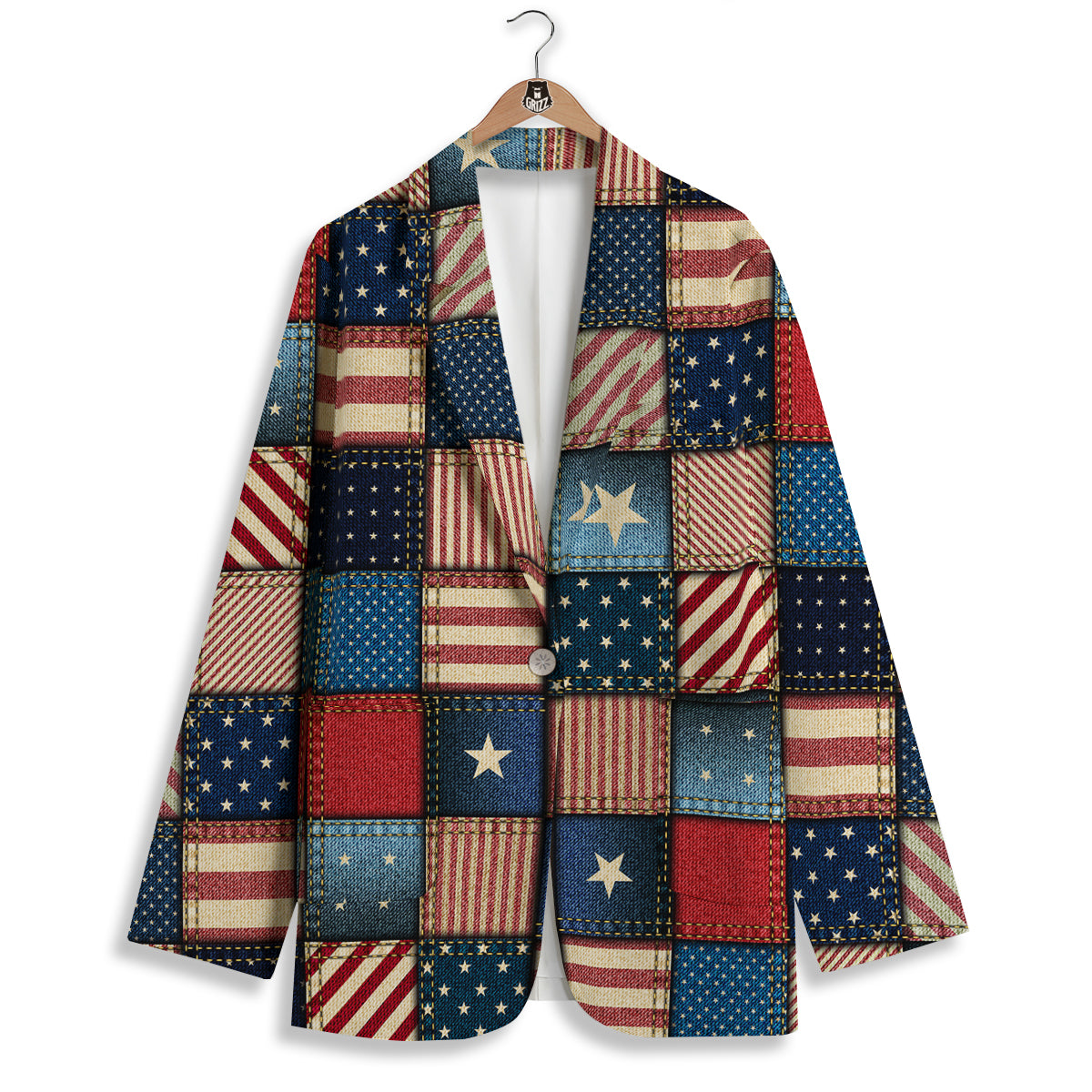 Patchwork Denim American Print Pattern Women's Blazer-grizzshop