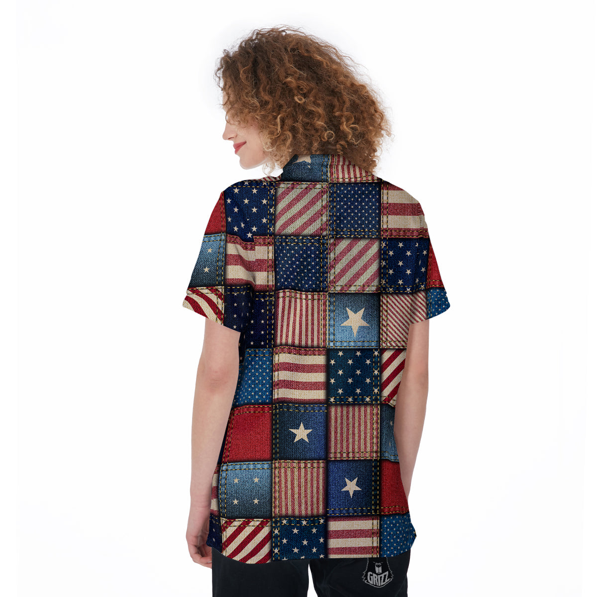 Patchwork Denim American Print Pattern Women's Golf Shirts-grizzshop