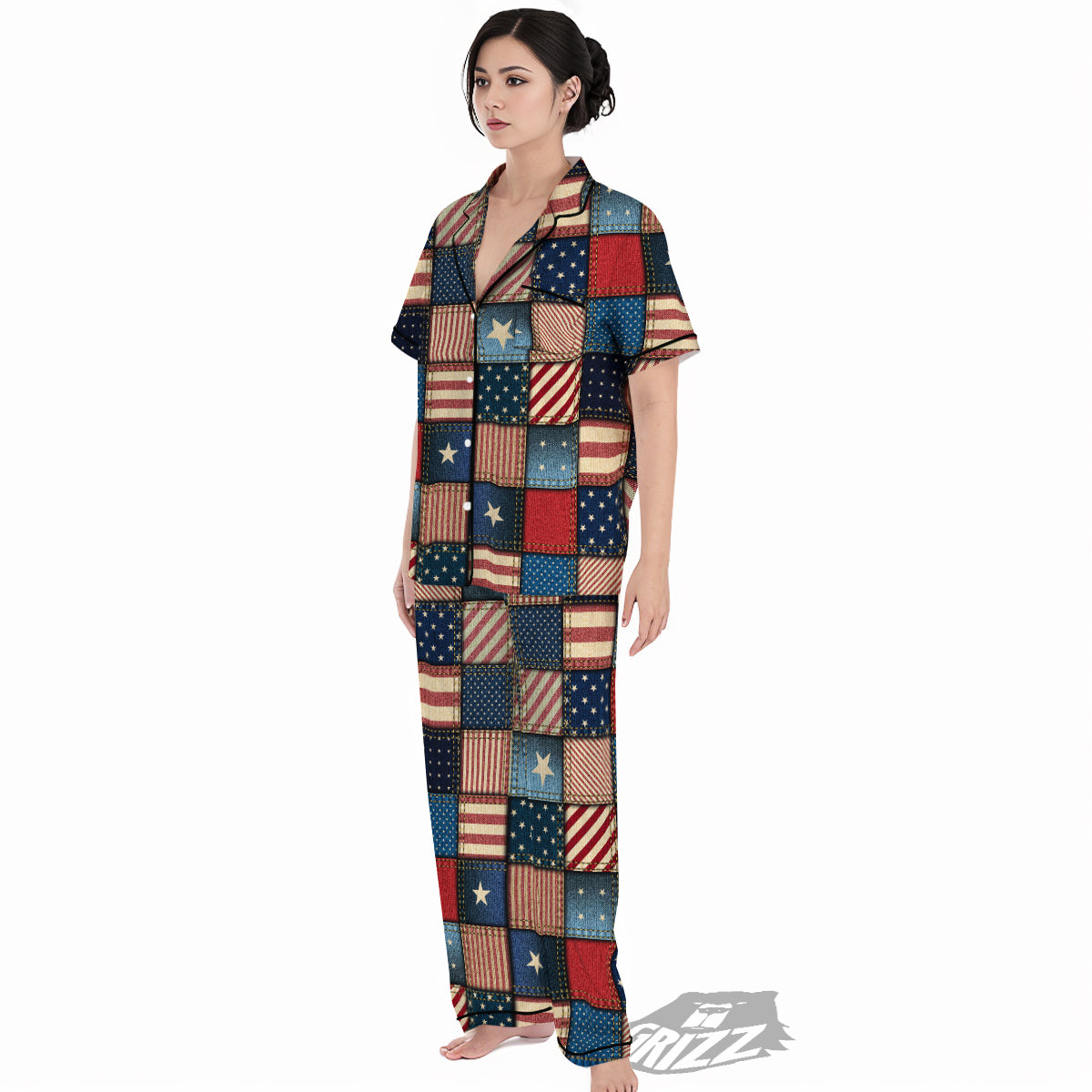 Patchwork Denim American Print Pattern Women's Pajamas Set-grizzshop