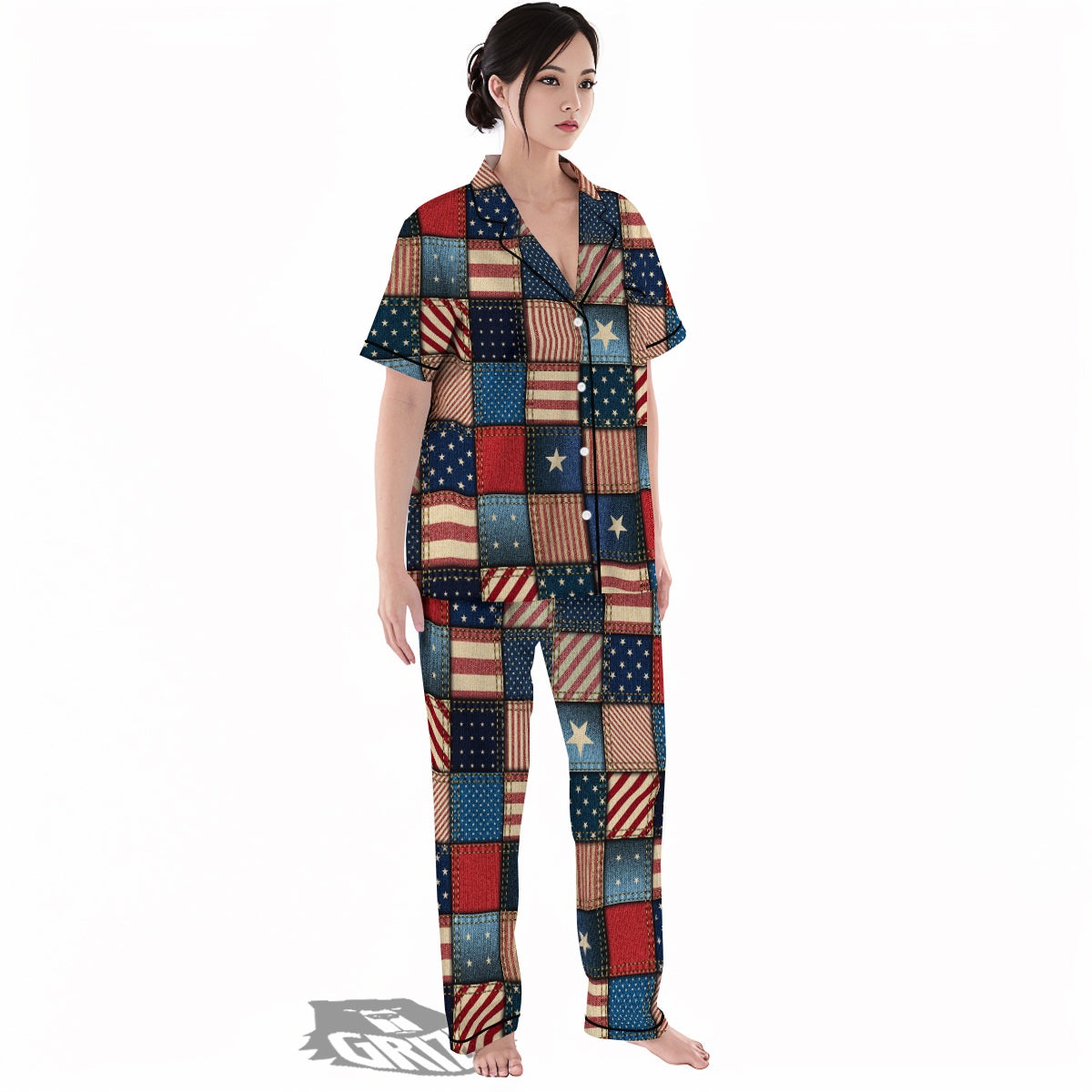 Patchwork Denim American Print Pattern Women's Pajamas Set-grizzshop