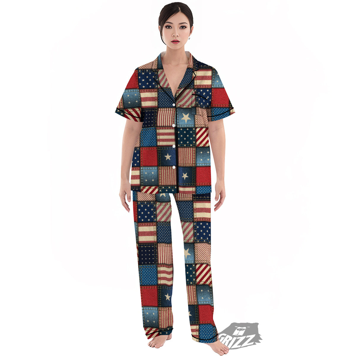 Patchwork Denim American Print Pattern Women's Pajamas Set-grizzshop