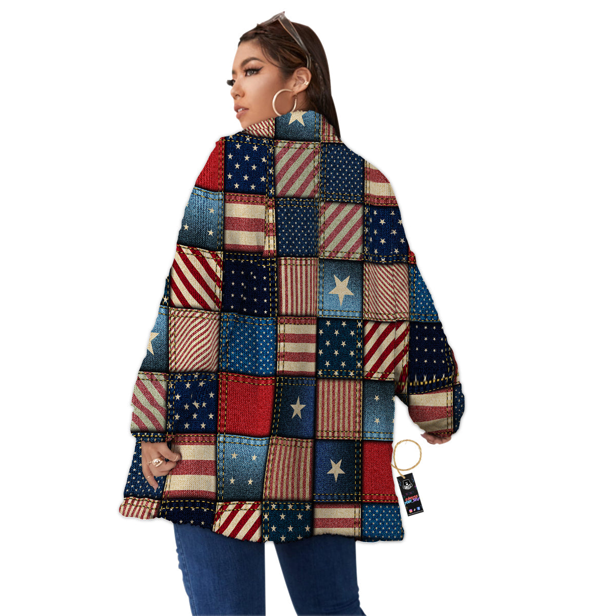 Patchwork Denim American Print Pattern Women's Sherpa Jacket-grizzshop